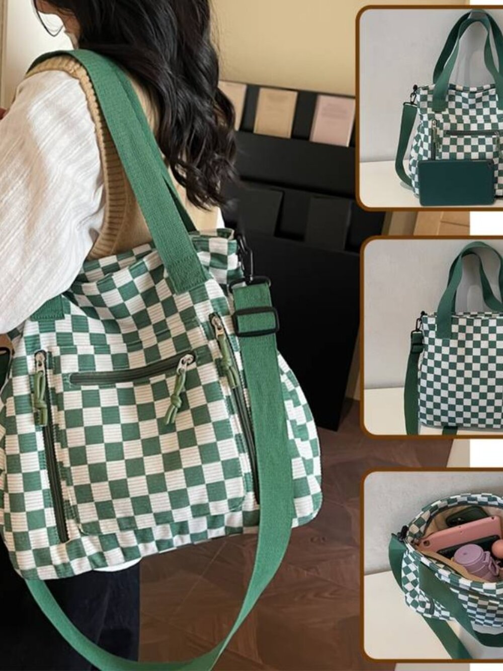 Checkerboard Corduroy Tote Bag Versatile Large Capacity Shoulder Crossbody - Picture 2 of 9